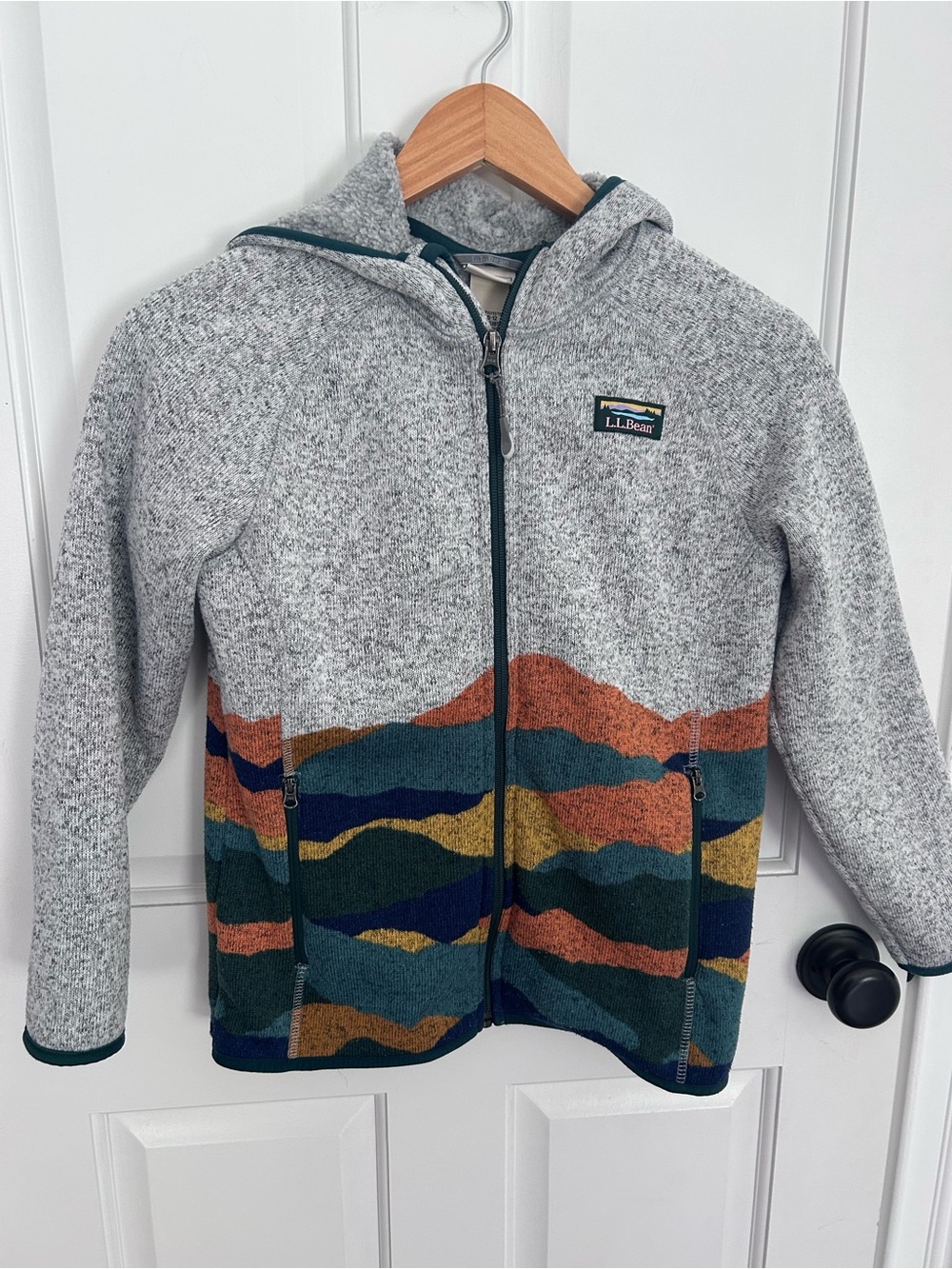 L.L. Bean Gray Hooded Zip Jacket with Green, Rust, Navy & Mustard Wave Panels